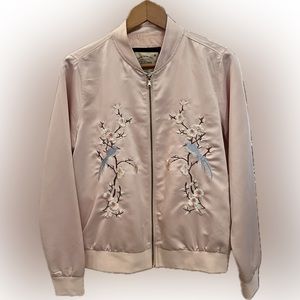 Pale Pink Embroidered Bomber Jacket Birds Flowers